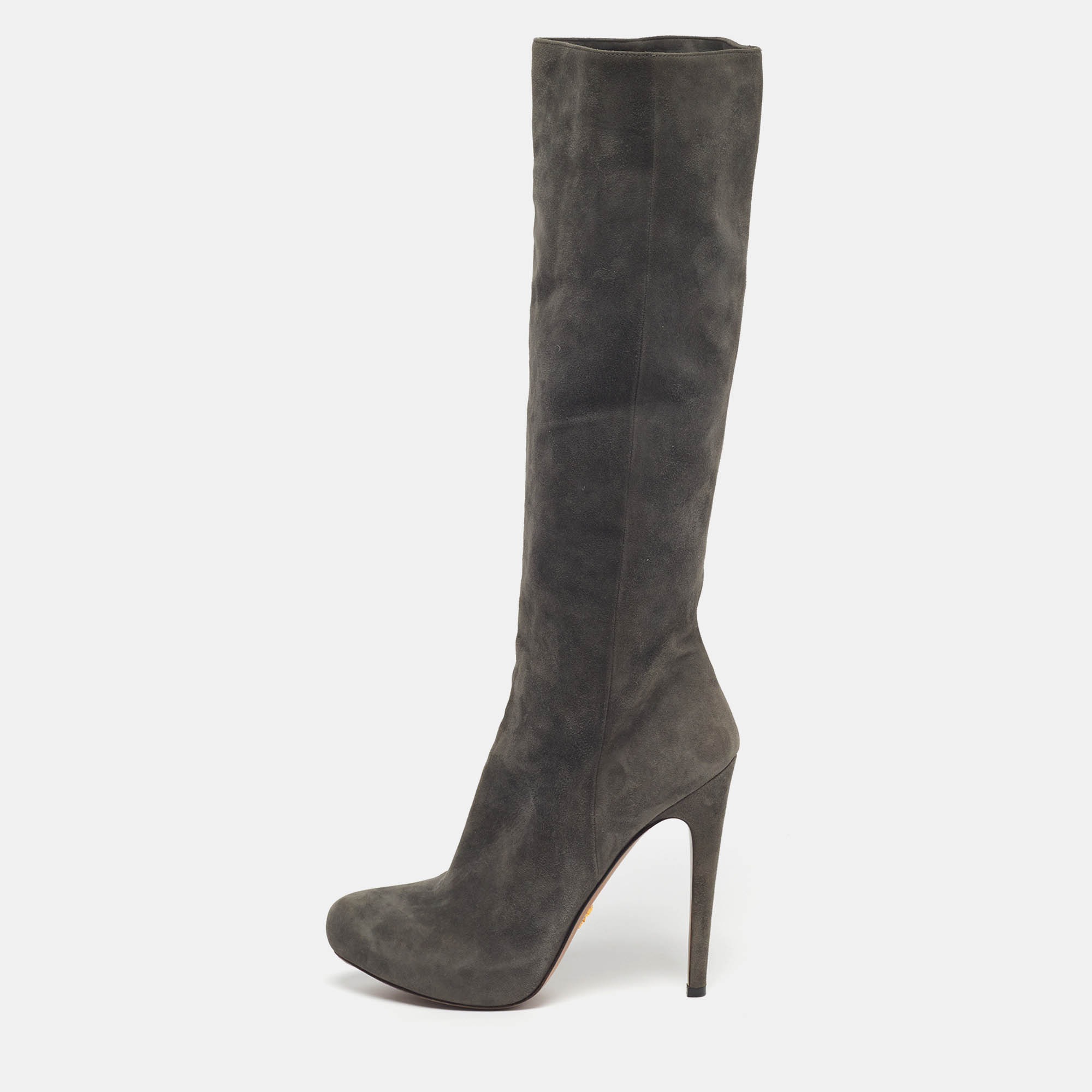 Prada Size 38 Grey Suede Platform Knee Length Boots In Gray