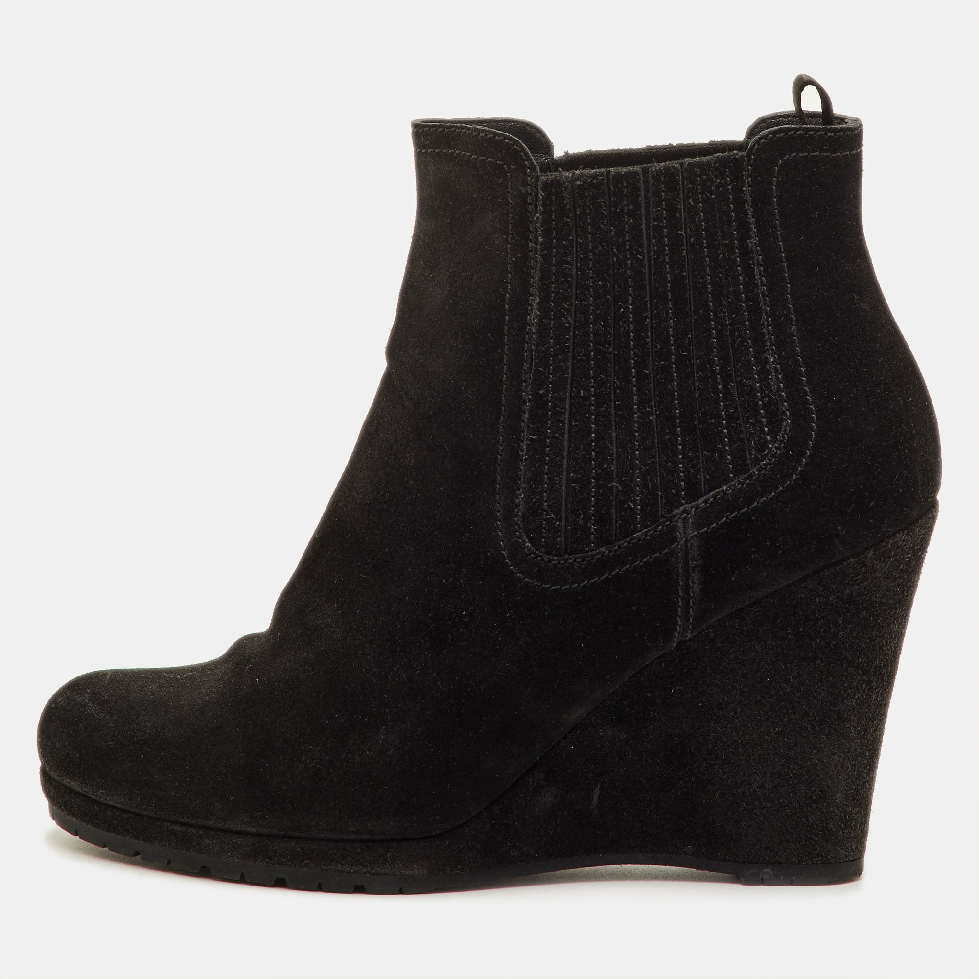 Pre-owned Prada Size 39 Black Suede Wedge Ankle Length Boots
