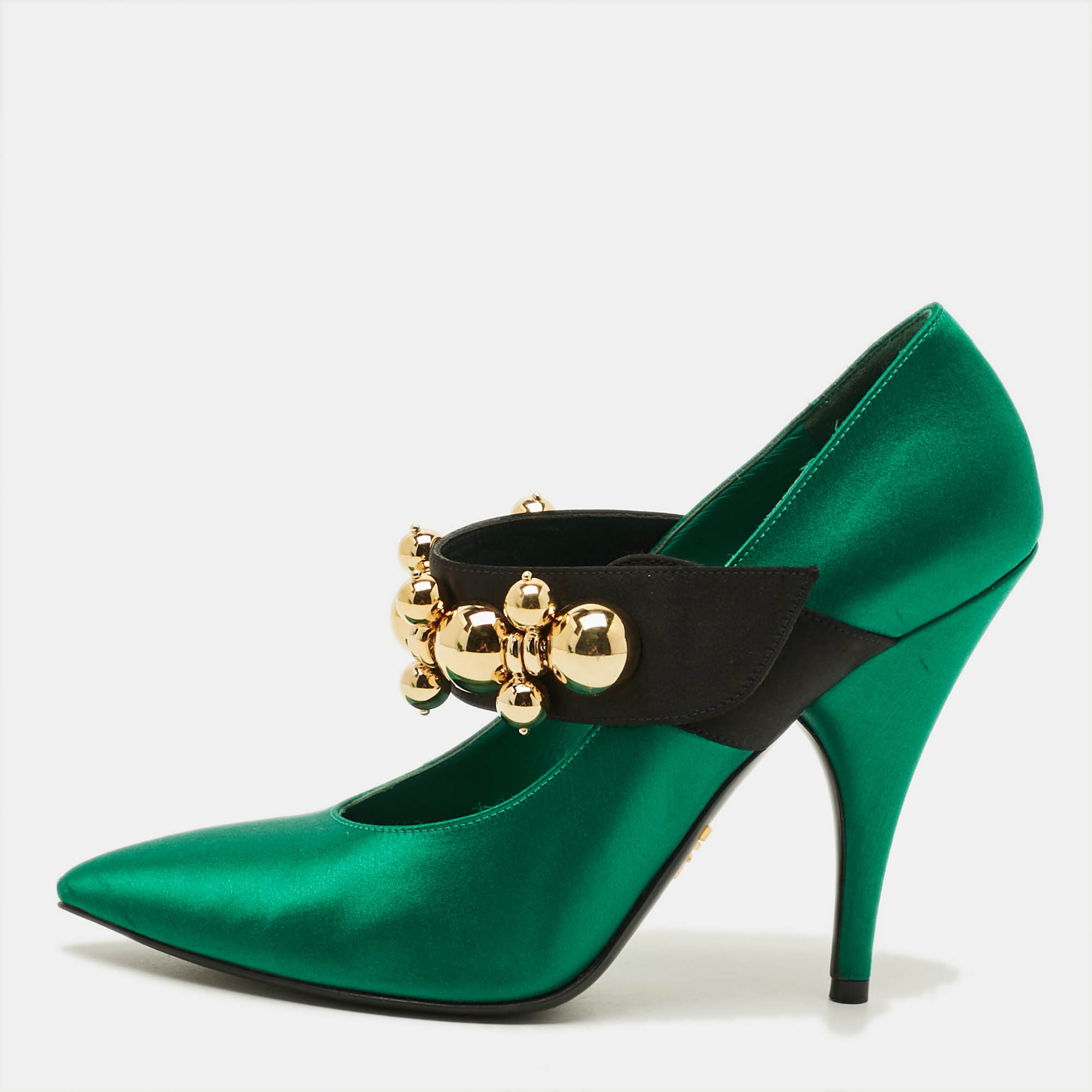 

Prada Size  Green/Black Satin Embellished Mary Jane Pumps