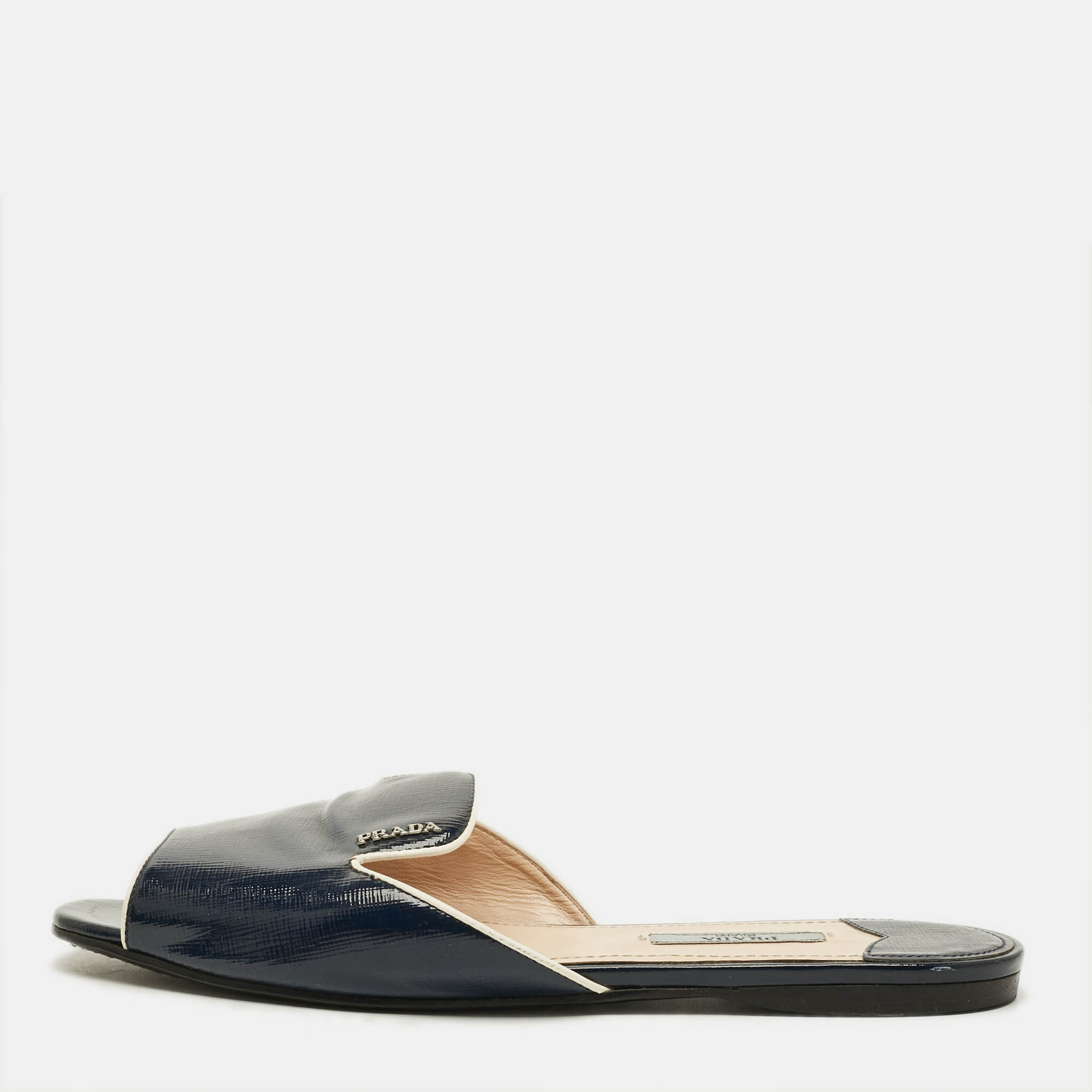 

Prada Size  Navy Blue Saffiano Leather Flat Slide