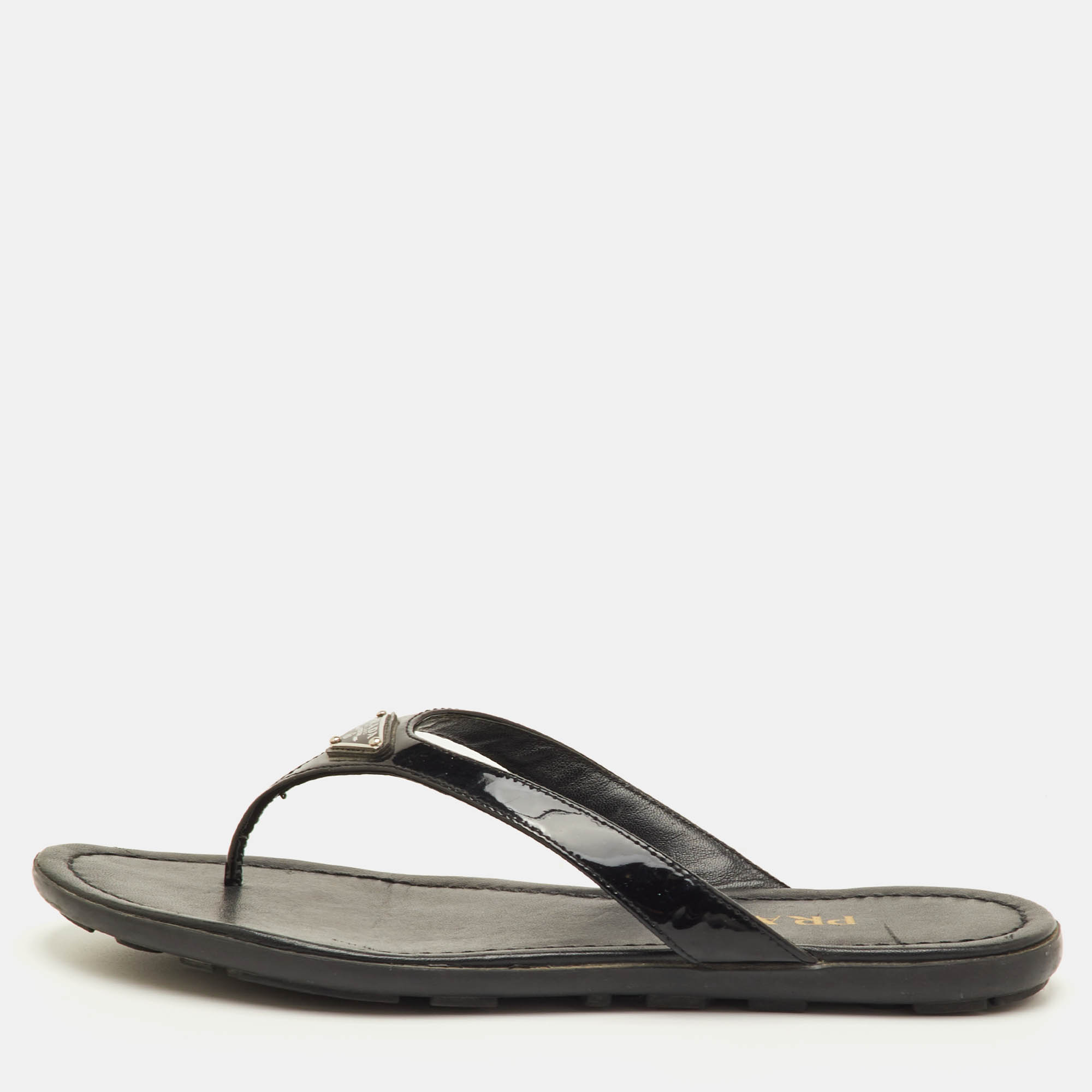 

Prada Triangle Logo Size  Black Patent Leather Thong Flats