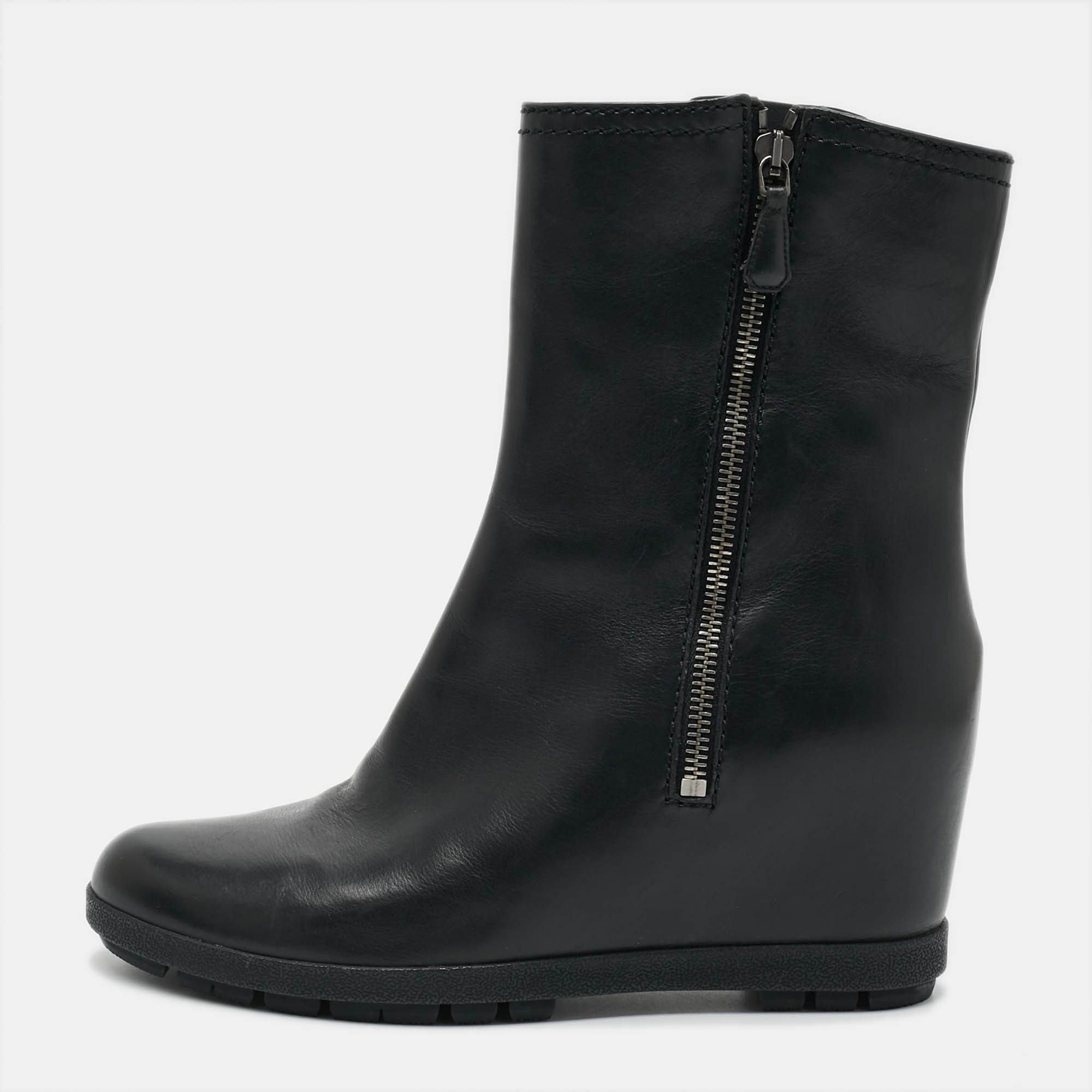 

Prada Size  Black Leather Wedge Ankle Length Boots