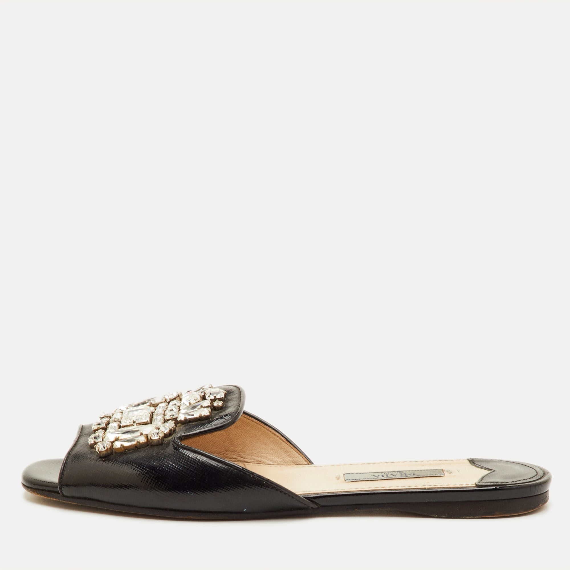 

Prada Size  Black Patent Leather Crystal Embellished Flat Slide Sandals