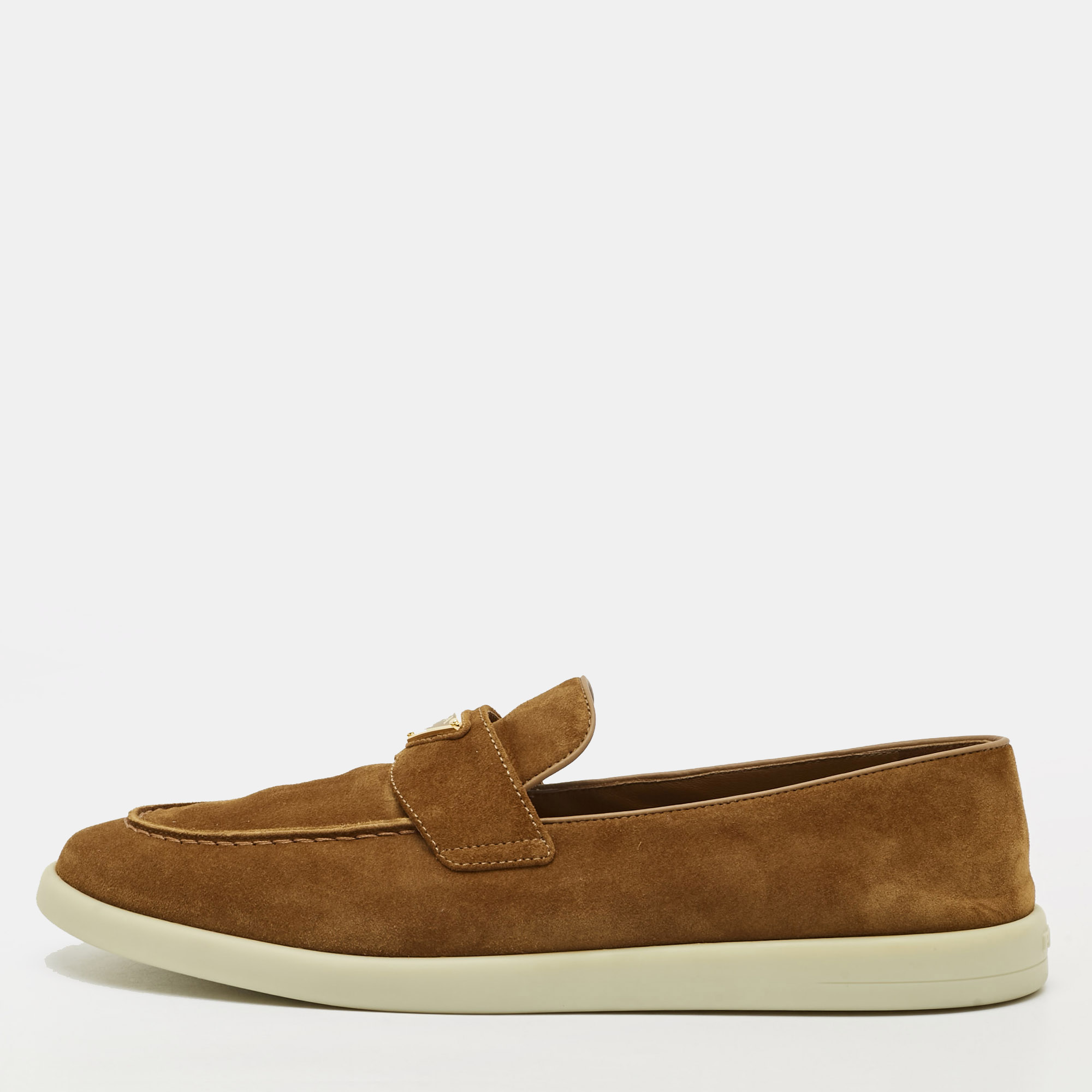 Pre-owned Prada Triangle Size 41 Brown Suede Loafers