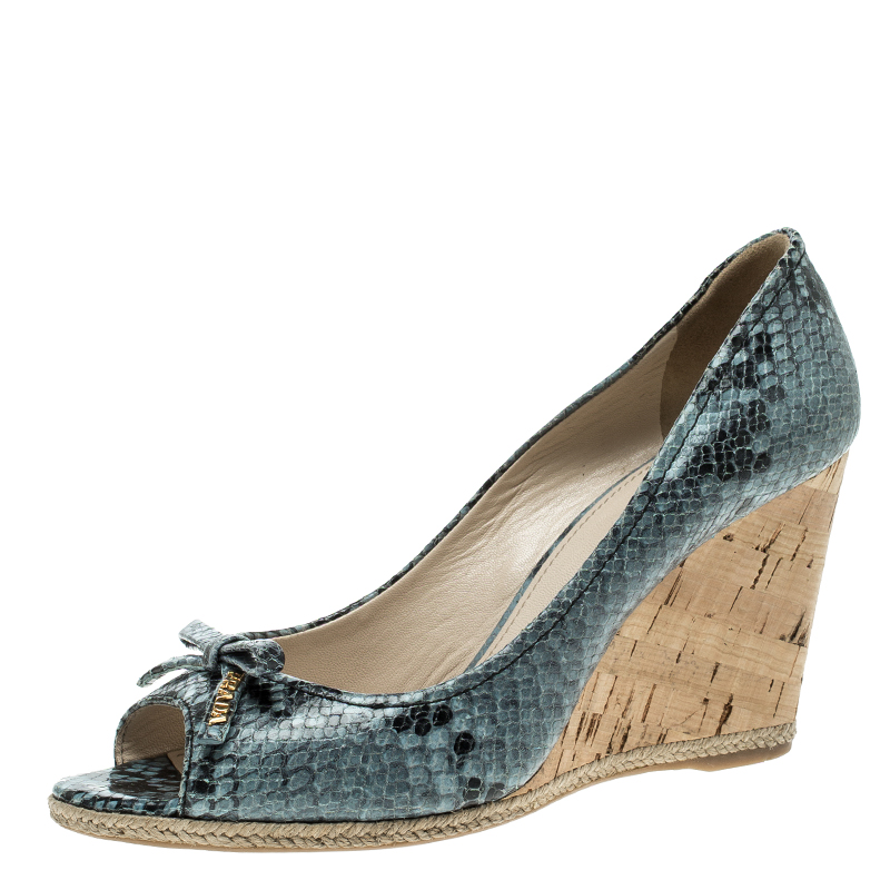 Pre Owned Prada Light Blue/Black Python Embossed Leather Peep Toe Wedge Pumps Size 38.5