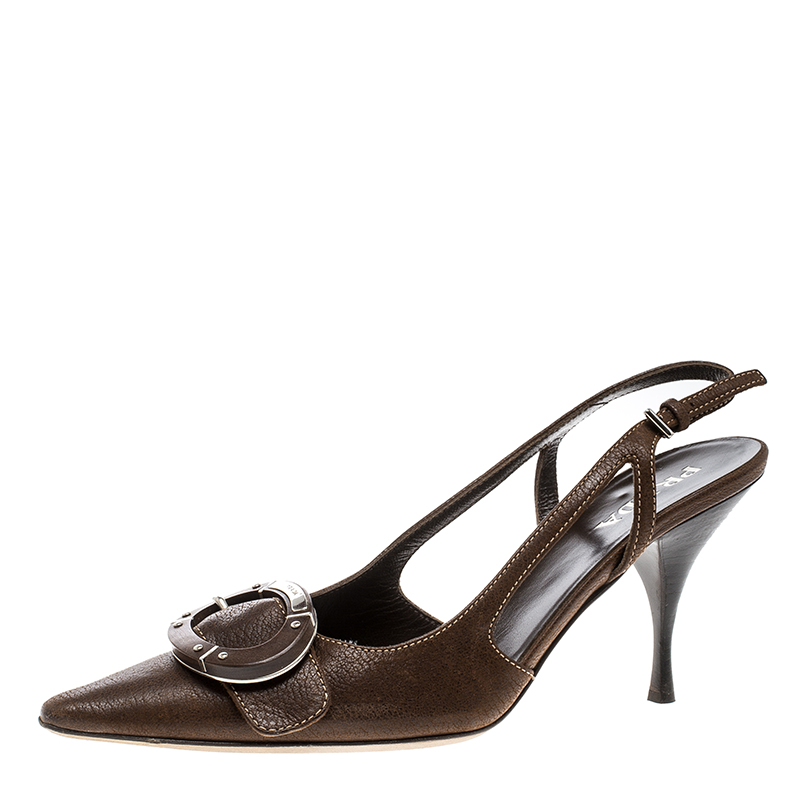 Pre Owned Prada Brown Leather Slingback Sandals Size 37