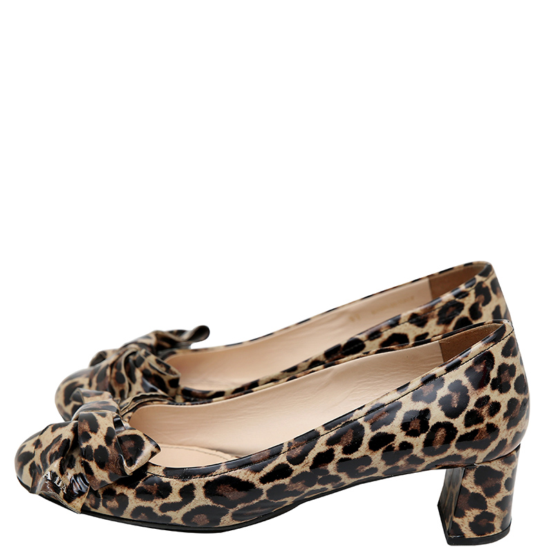 

Prada Brown Leopard Print Leather Bow Block Heel Pumps Size