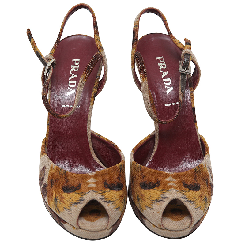 Pre Owned Prada Beige/Brown Floral Print Canvas Peep Toe Platform Sandals Size 37