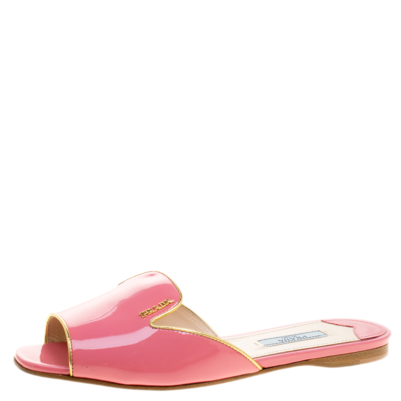 Pre Owned Prada Pink Patent Leather Flat Slides Size 36.5