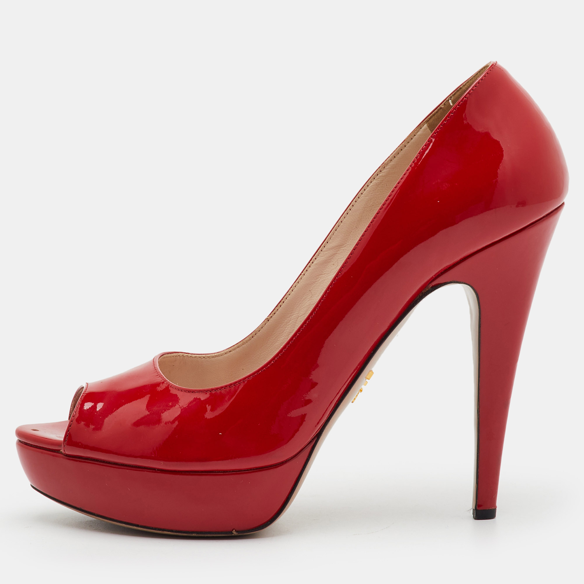 Pre-owned Prada Size 39.5 Red Patent Leather Platform Peep Toe Pumps