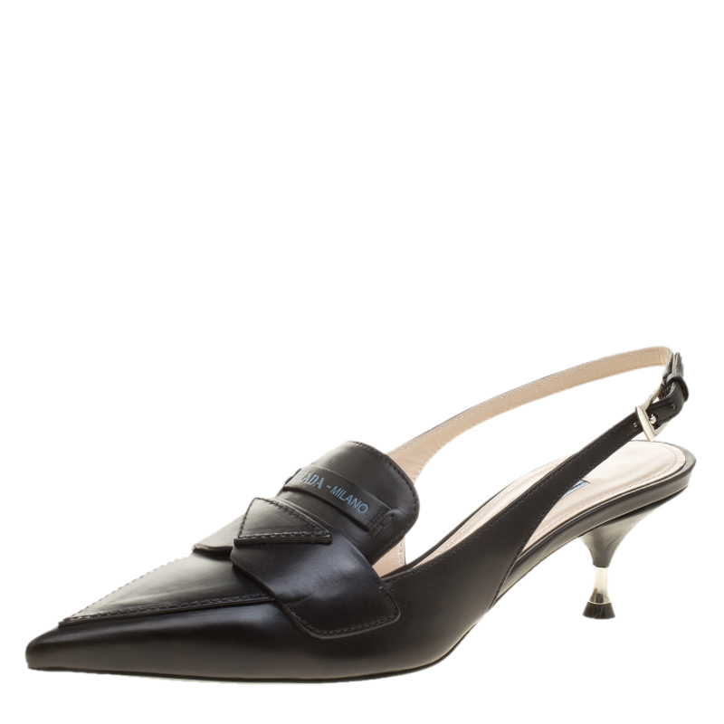 Pre Owned Prada Black Leather Pointed Toe Slingback Loafer Sandals Size 35.5