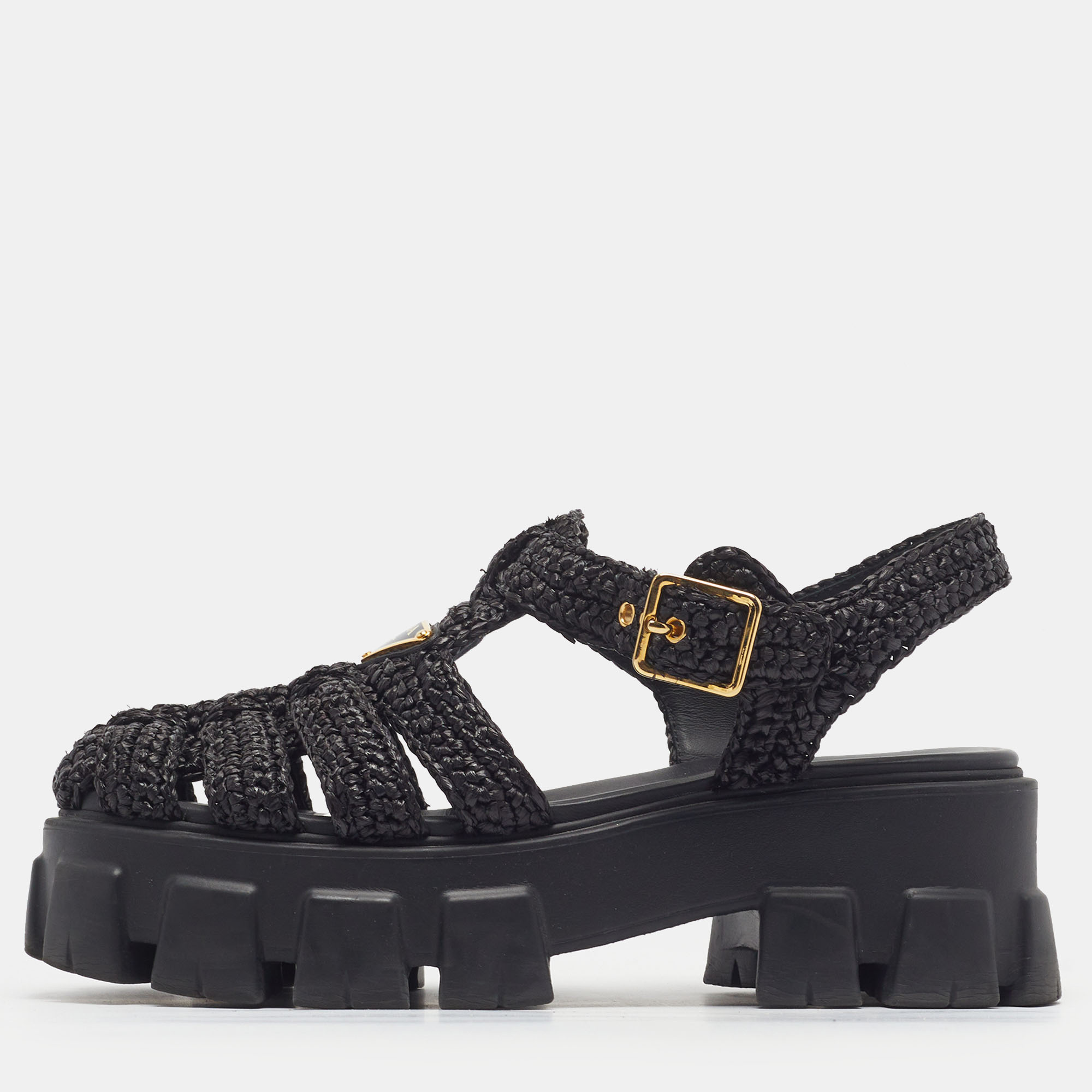 Pre-owned Prada Monolith Size 36 Black Straw Platform Sandals