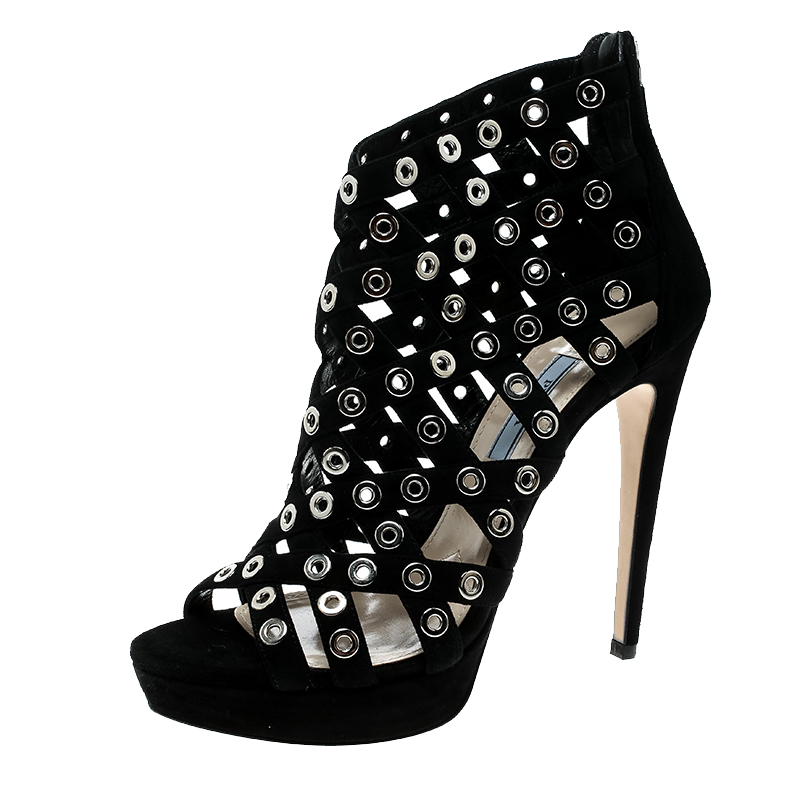 Pre Owned Prada Black Suede Eyelet Detail Platform Cage Booties Size 38