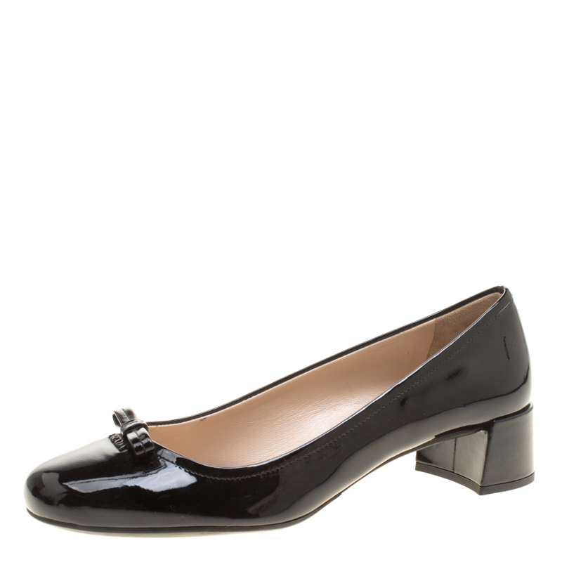 Prada Black Patent Leather Bow Block Heel Pumps Size 38 Prada | TLC