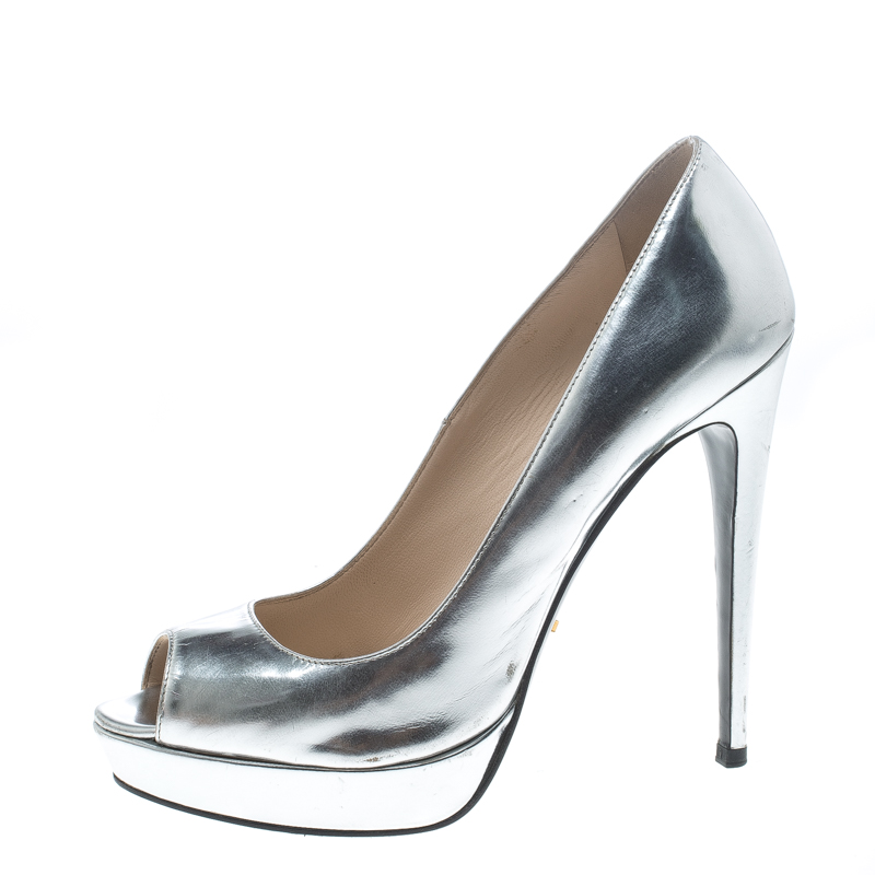 

Prada Silver Leather Peep Toe Platform Pumps Size