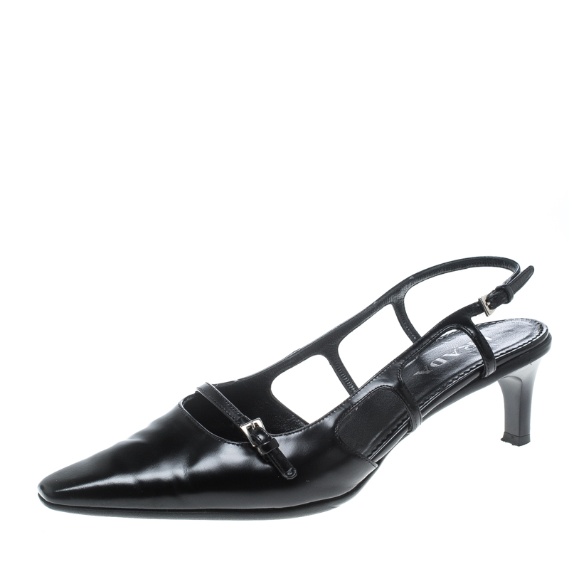Prada Black Leather Pointed Toe Slingback Sandals Size 36.5