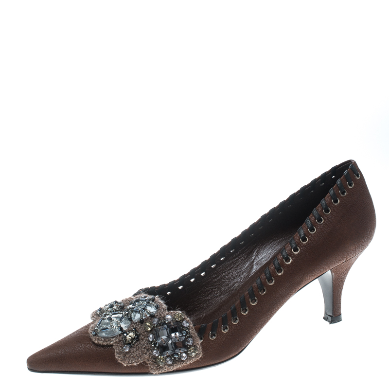 Prada Brown Leather Whipstitch Detail Crystal Embellished Pointed Toe Pumps Size 36.5