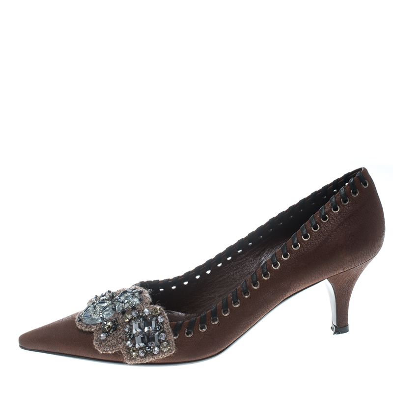 

Prada Brown Leather Whipstitch Detail Crystal Embellished Pointed Toe Pumps Size