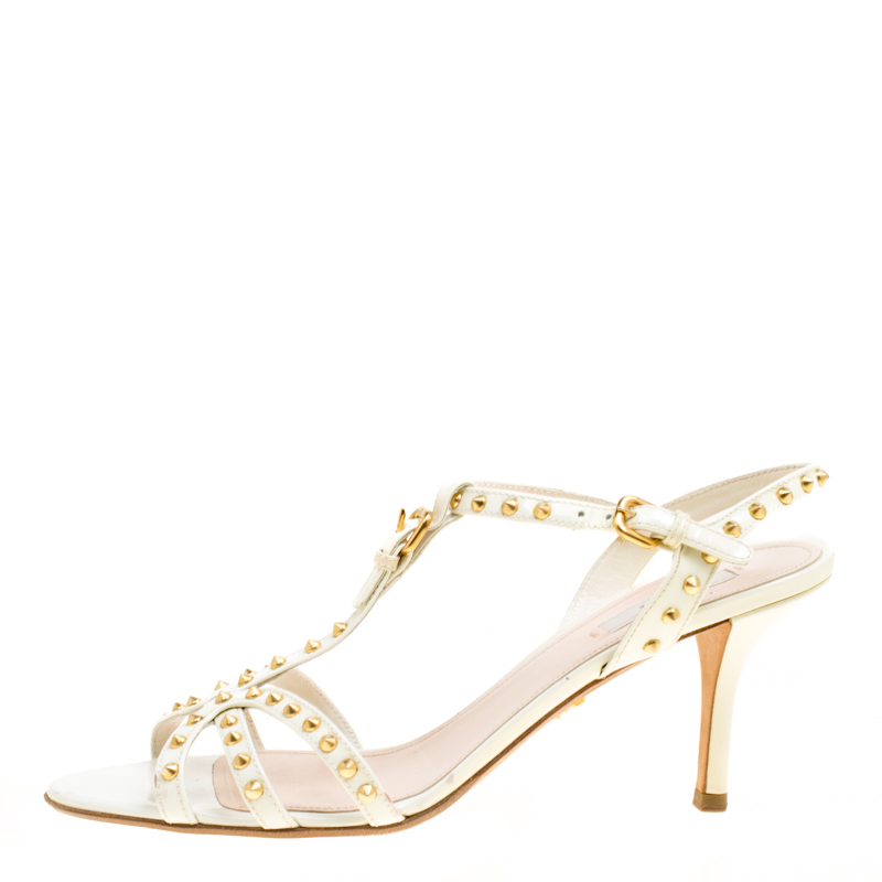 

Prada White Studded Patent Leather Strappy Sandals Size