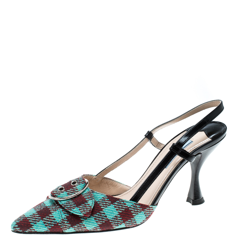 Comfort and fashion join hands and bring forth these gorgeous sandals from Prada They are crafted from multicoloured check patterned fabric and leather and feature pointed toes silver tone buckle detailing on the vamps comfortable insoles slingbacks and 8.5 cm heels. Grab these beauties right away