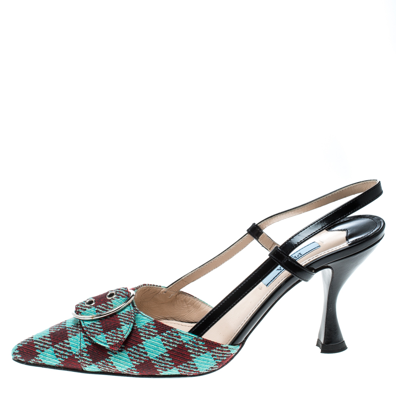 Pre-owned Prada Multicolor Check Pattern Fabric And Leather Slingback Sandals Size 37.5