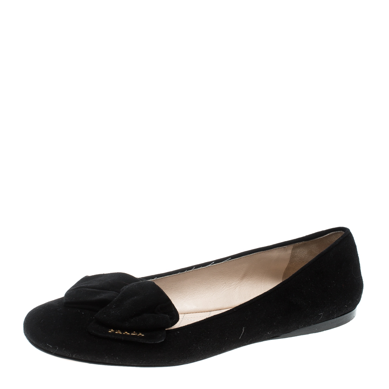 Pre Owned Prada Black Suede Bow Detail Smoking Slippers Size 38