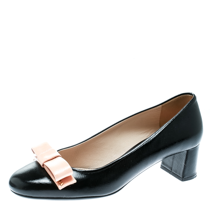 Pre Owned Prada Black Saffiano Leather Bow Detail Block Heel Pumps Size 37