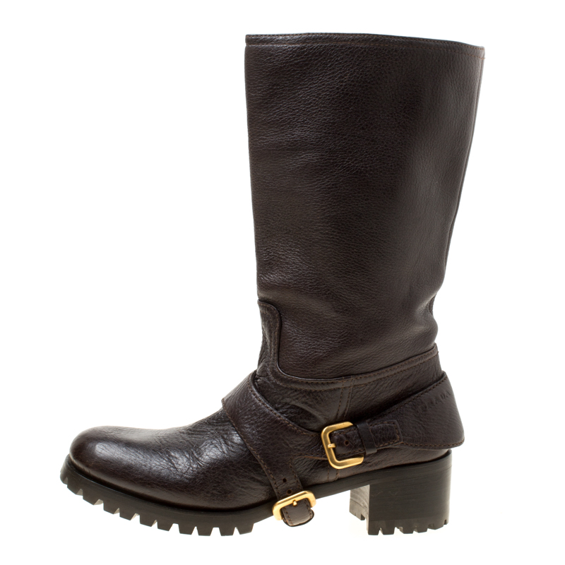 

Prada Brown Leather Buckle Detail Calf Length Boots Size