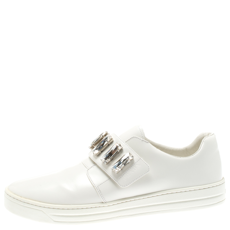 

Prada White Crystal Embellished Leather Velcro Sneakers Size