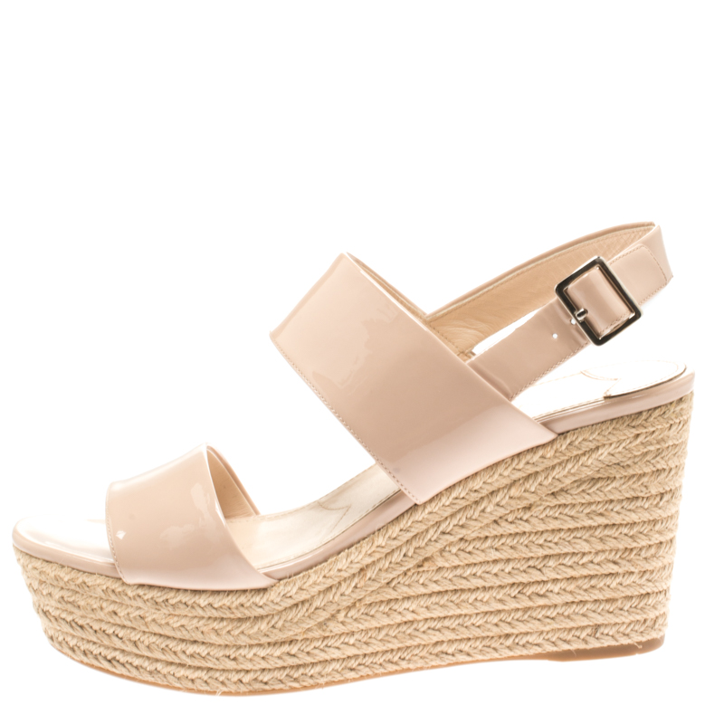 

Prada Beige Patent Leather Espadrille Backstrap Wedge Sandals Size