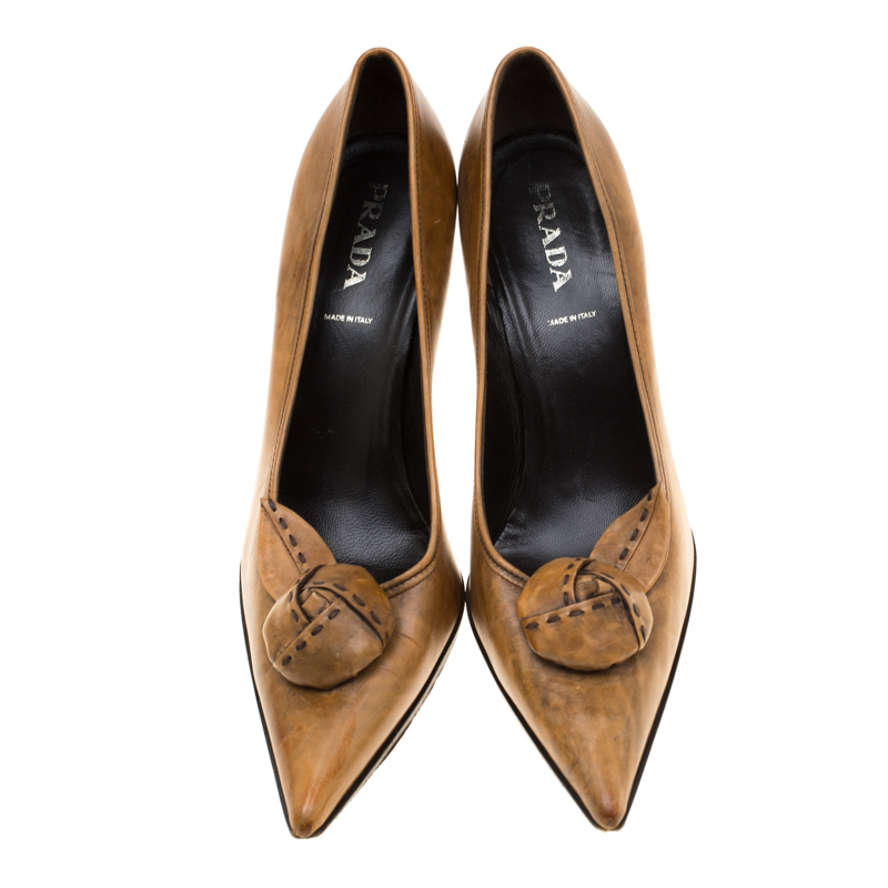 Pre-owned Prada Brown Leather Flower Detail Pointed Toe Pumps Size 38.5