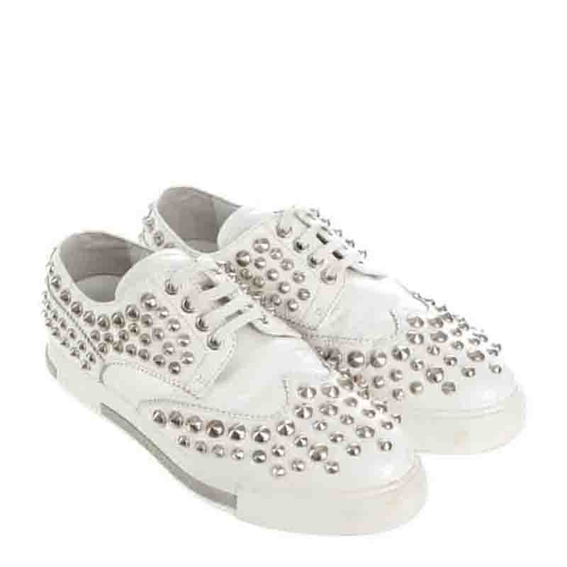 

Prada White Leather Metallic Studded Wingtip Sneaker Size