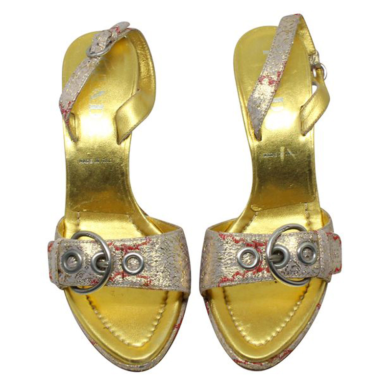 

Prada Gold Leather Buckle Sling Back Sandals Size