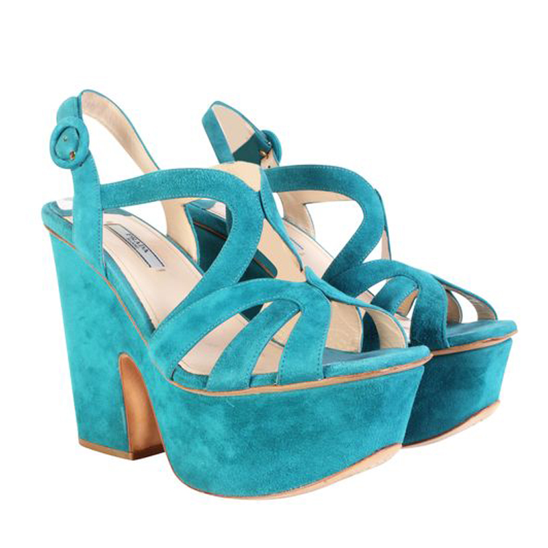 Prada Green Suede Platform Wedges Sandals Size