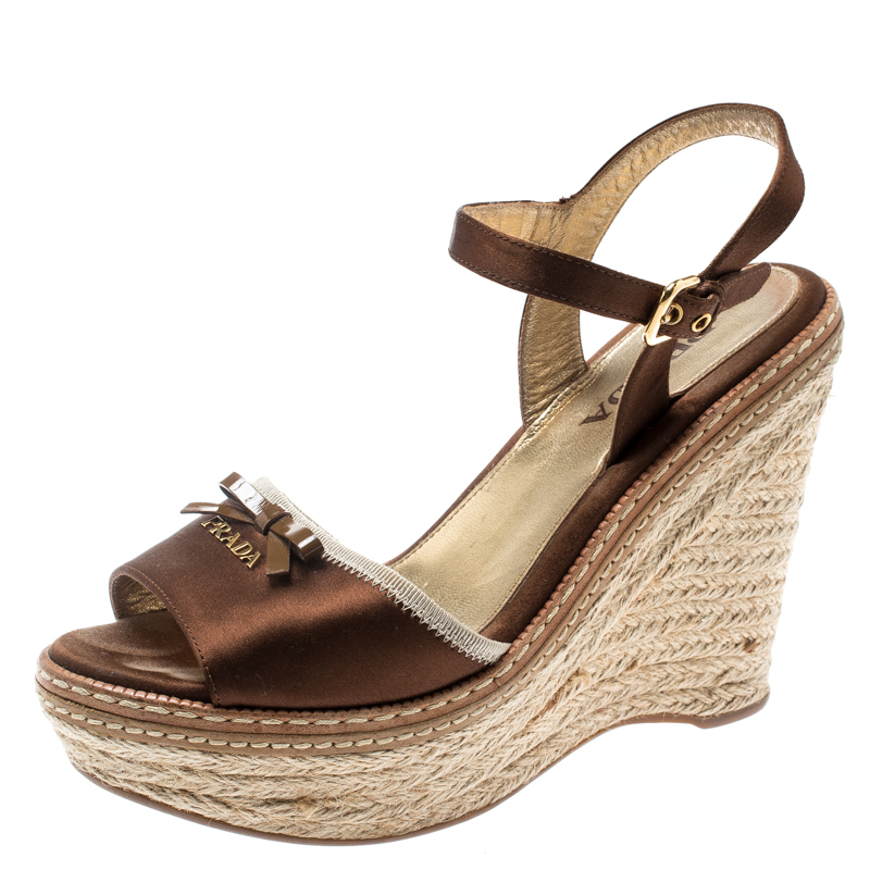 Prada Dark Brown Wedge Espadrille Bow Ankle Strap Sandals Size 36.5