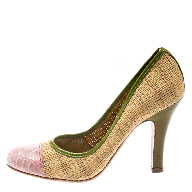 

Prada Multicolor Woven Raffia And Alligator Cap Toe Pumps Size