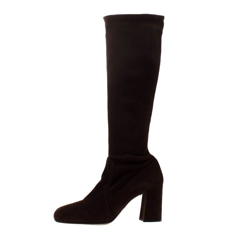 

Prada Brown Suede Block Heel Knee Length Boots Size
