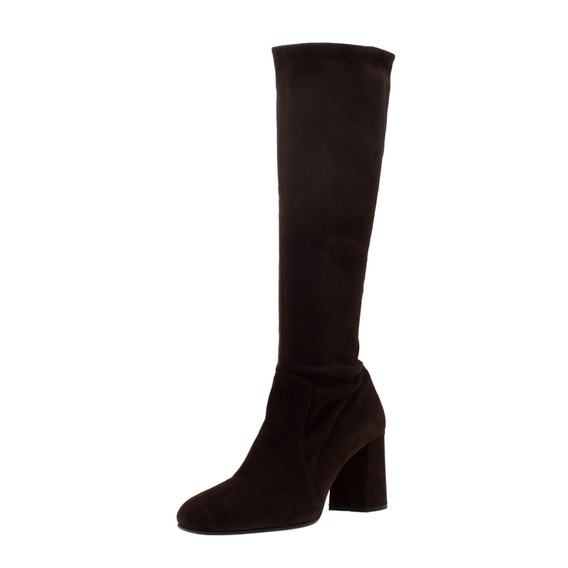 Prada Brown Suede Block Heel Knee Length Boots Size 39