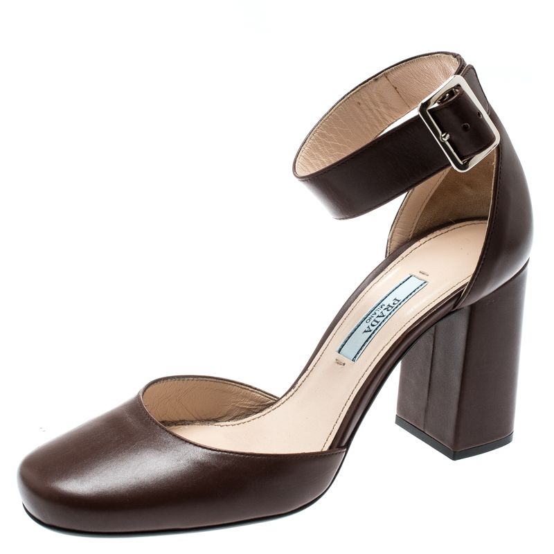 Prada Brown Leather Block Heel Ankle Strap Sandals Size 36 5 Prada