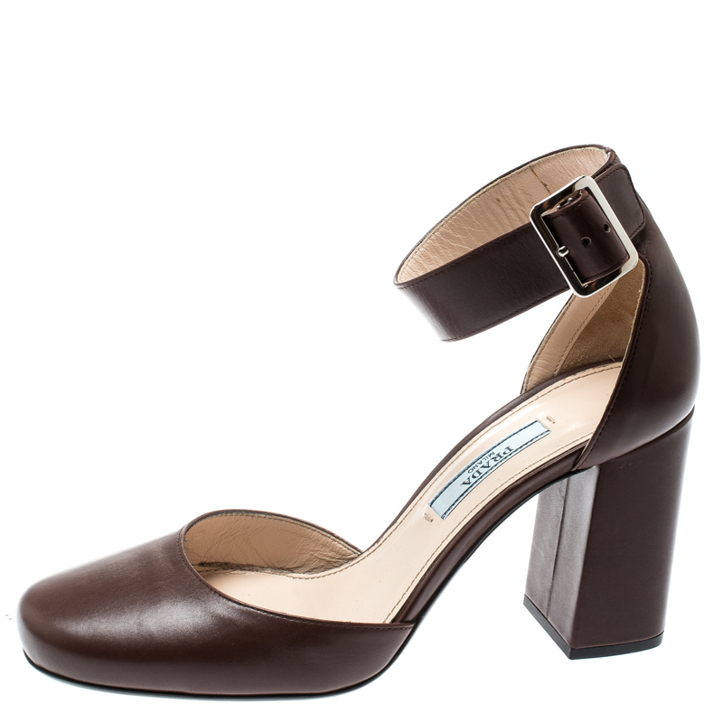 

Prada Brown Leather Block Heel Ankle Strap Sandals Size