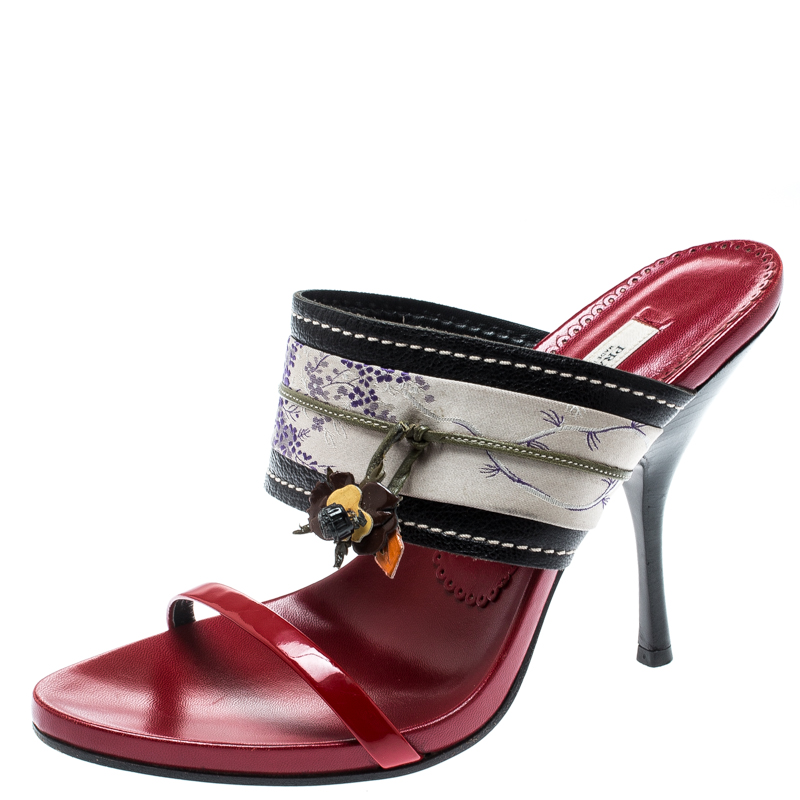 Prada Multicolor Floral Brocade Fabric And Leather Flower Detail Open Toe Slides Size 38
