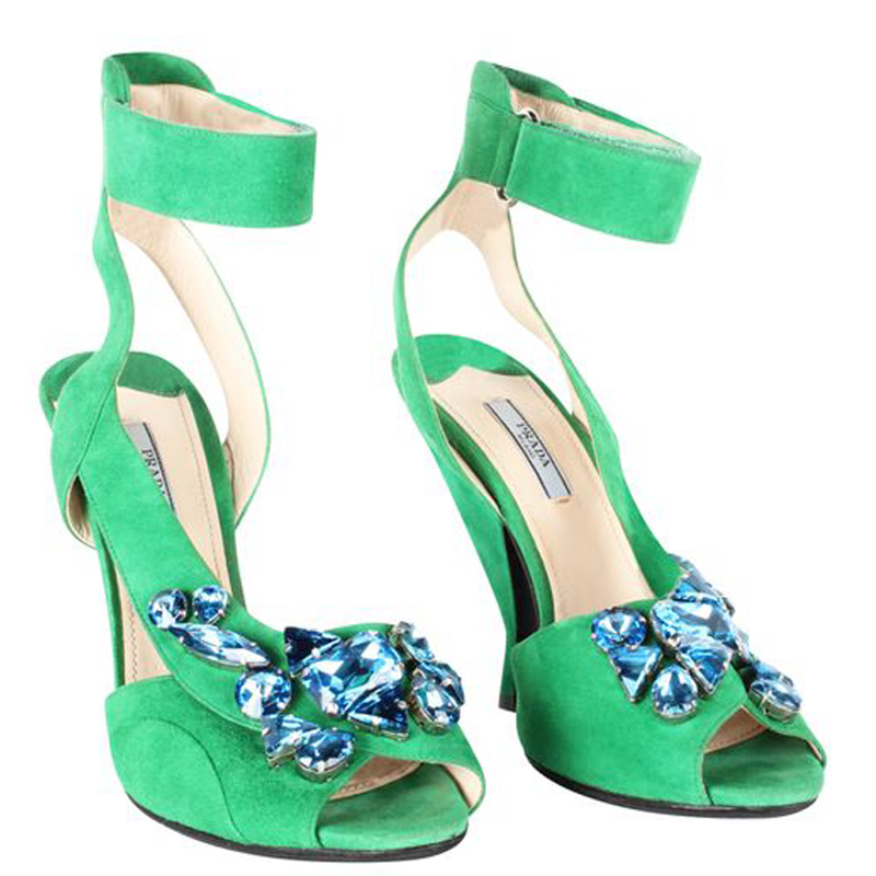 

Prada Green Leather Embellished Heel Sandals Size
