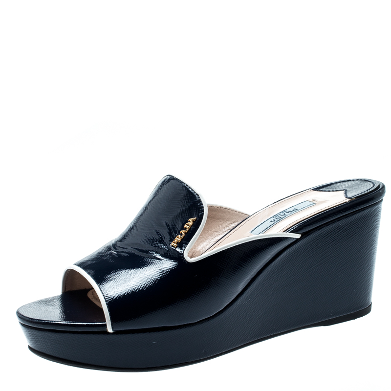 Pre Owned Prada Blue Saffiano Leather Wedge Mules Size 38