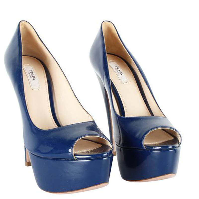 

Prada Blue Patent Leather Peep Toe Platform Pumps Size