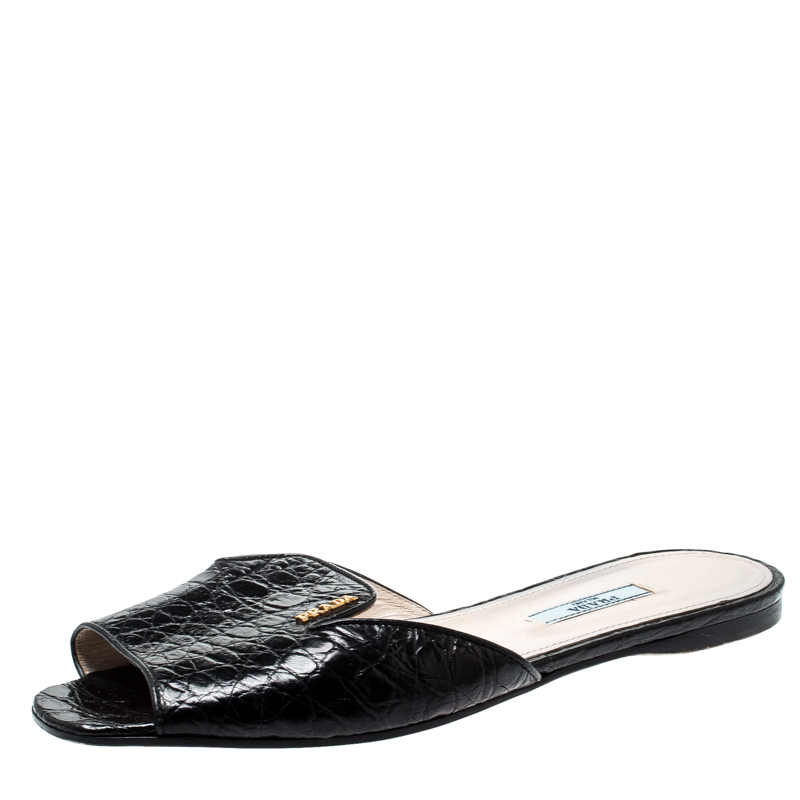 Pre Owned Prada Black Croc Embossed Leather Slide Size 40