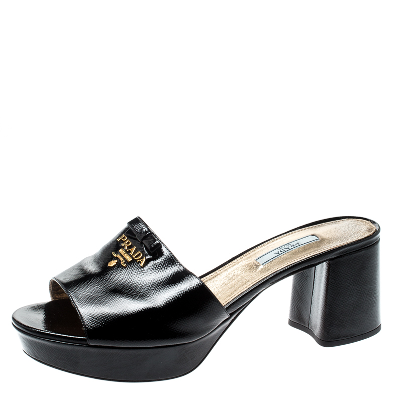 Pre Owned Prada Black Saffiano Leather Bow Block Heel Sandals Size 41