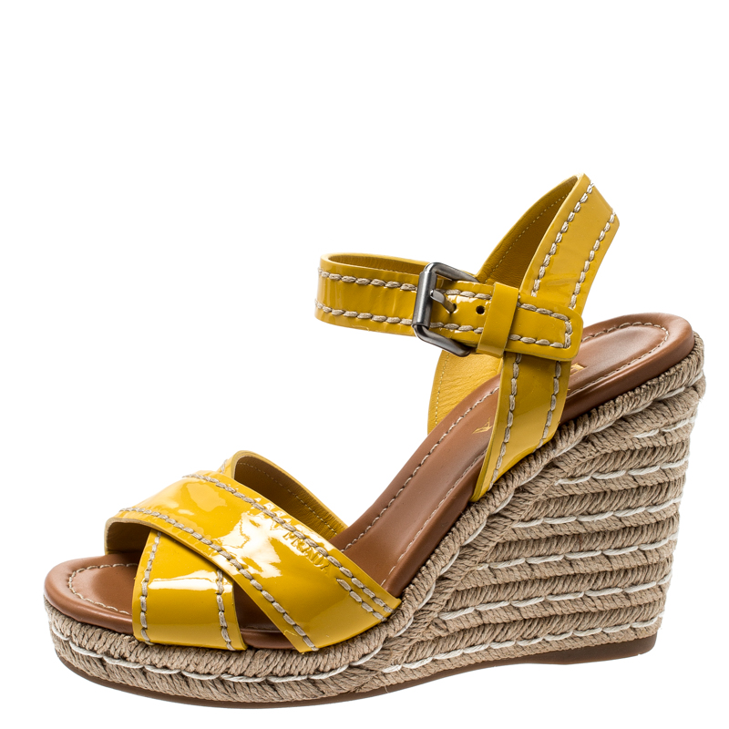 

Prada Yellow Patent Leather Espadrille Wedge Cross Strap Sandals Size