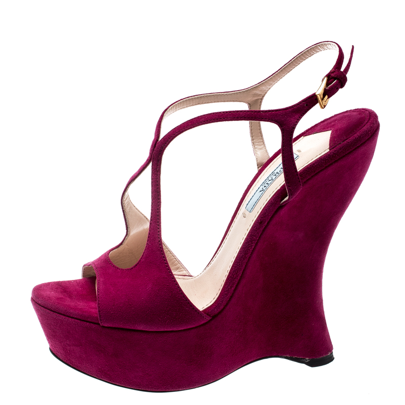 

Prada Fuschia Pink Suede Leather Peep Toe Cut Out Curved Heel Platform Sandals Size