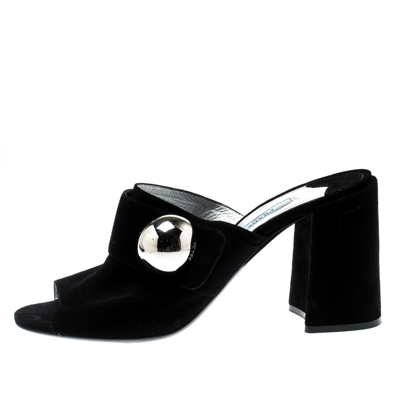 

Prada Black Suede Button Detail Open Toe Mules Size