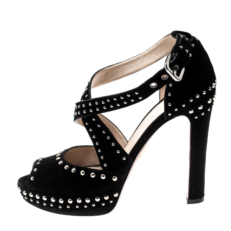 

Prada Black Suede Studded Cross Strap Platform Sandals Size